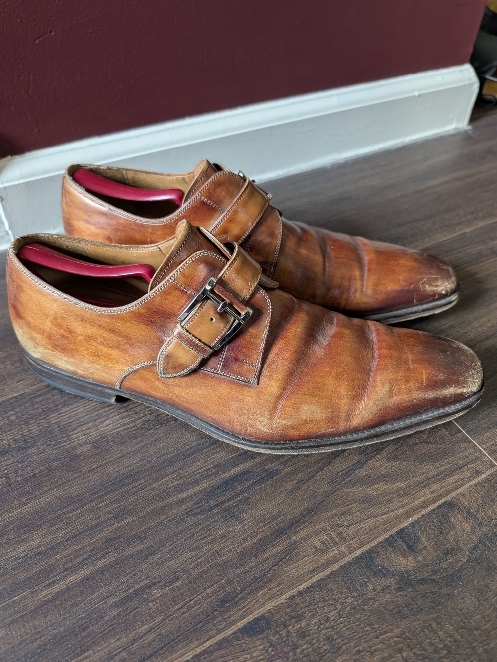 Magnanni Wood Texture Patterned Leather Brown Monk Strap Derby Shoes Spain 12